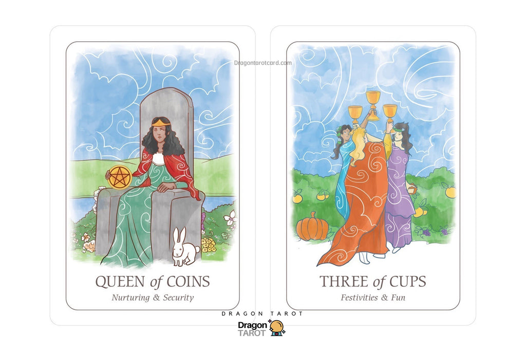 Two illustrated tarot cards shown side by side on a white background. The left card reads "Queen of Coins" and shows a seated woman with a gold coin and a white rabbit.