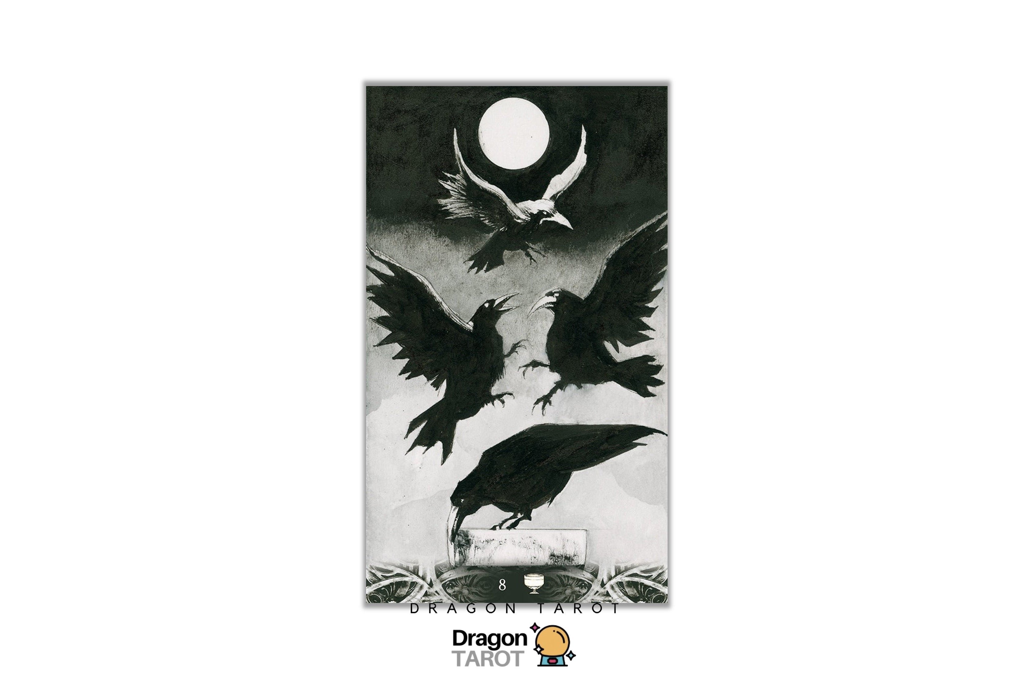 A tarot card featuring a black and white illustration of four crows flying and perched around a full moon, with the Dragon Tarot logo at the bottom.