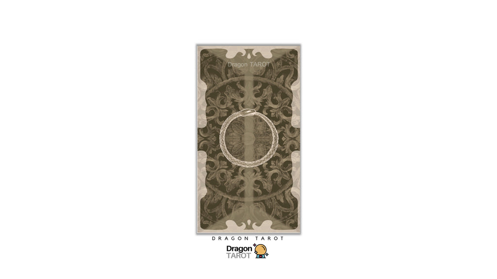 A single Dragon Tarot card is centered on a plain white background, showing an ornate illustrated design in muted olive green, beige, and gray tones. The card is labeled 'Dragon Tarot' at the top and bottom, with a small Dragon Tarot logo beneath it.