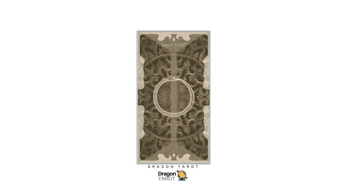 A single Dragon Tarot card is centered on a plain white background, showing an ornate illustrated design in muted olive green, beige, and gray tones. The card is labeled 'Dragon Tarot' at the top and bottom, with a small Dragon Tarot logo beneath it.