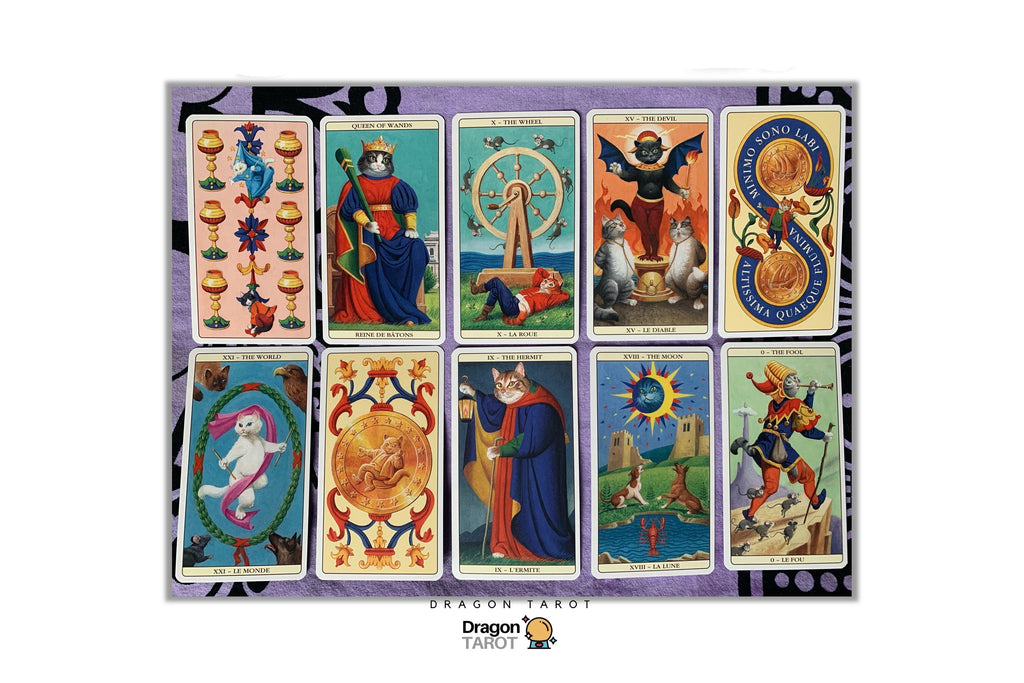 A set of Dragon Tarot cards displayed in a 2x4 grid on a purple background. The cards feature traditional tarot imagery but with a distinct fantasy dragon theme, including cards like The Hanged Man, The Wheel of Life, The Emperor, and The High Priestess.
