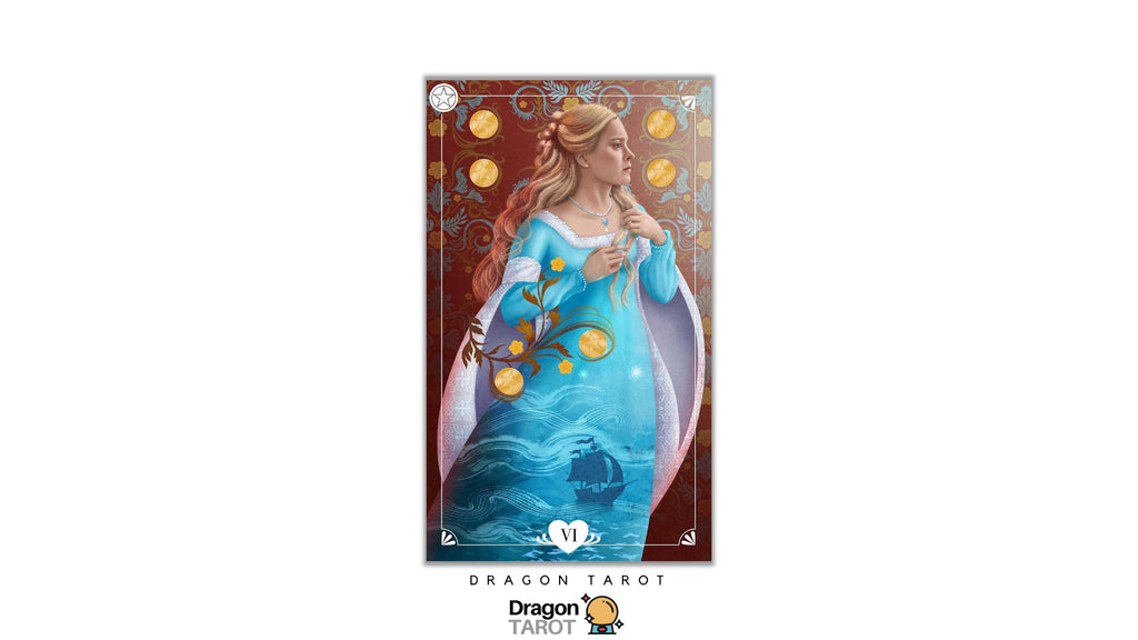 A tarot card illustration labeled 'Dragon Tarot' featuring a woman in a flowing blue gown with gold coins and decorative motifs on a reddish-brown background, centered on a white canvas with the Dragon Tarot logo at the bottom.