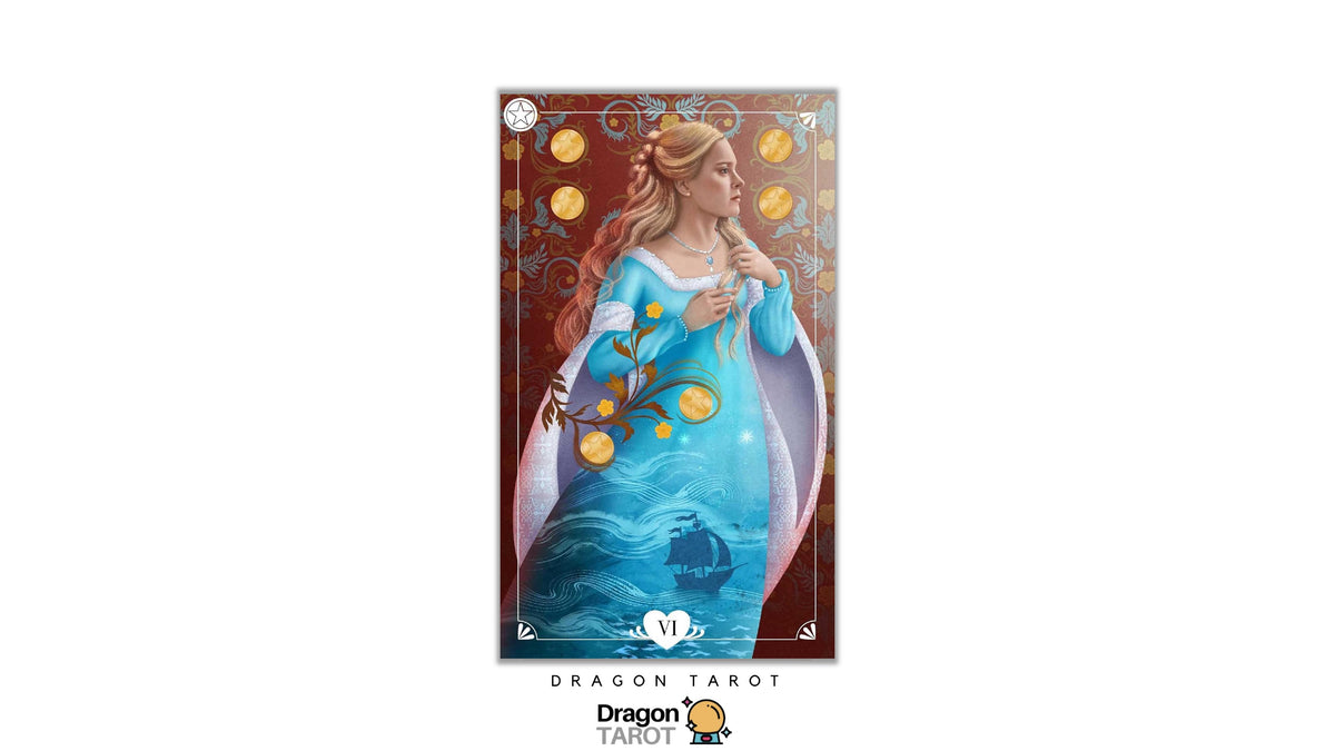 A tarot card illustration labeled 'Dragon Tarot' featuring a woman in a flowing blue gown with gold coins and decorative motifs on a reddish-brown background, centered on a white canvas with the Dragon Tarot logo at the bottom.