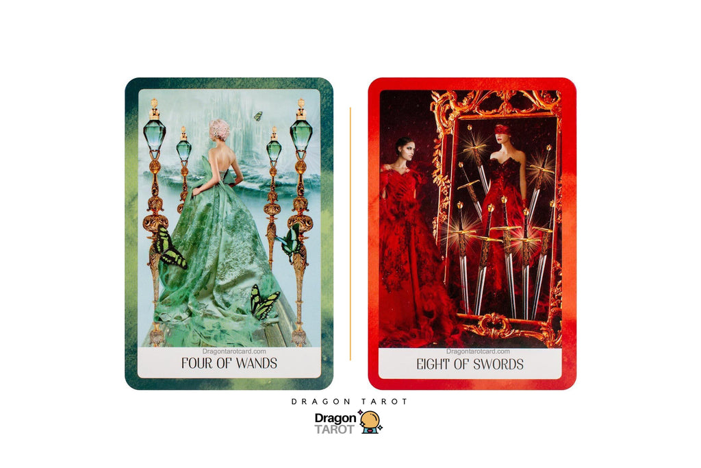Two tarot cards from the Dragon Tarot deck displayed side-by-side on a white background. The left card is 'Four of Wands' featuring a woman in a green gown, and the right card is 'Eight of Swords' featuring a woman in a red gown.