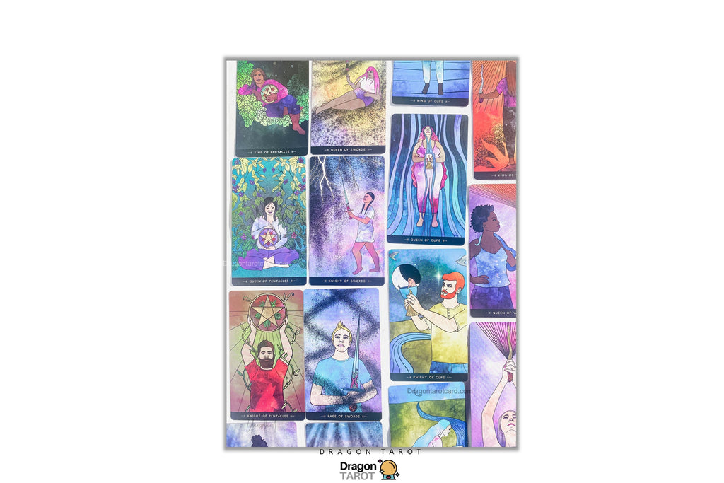 A vertical art print or poster featuring a grid of colorful illustrated tarot-style cards with various fantasy and mystical scenes, shown against a plain white background.