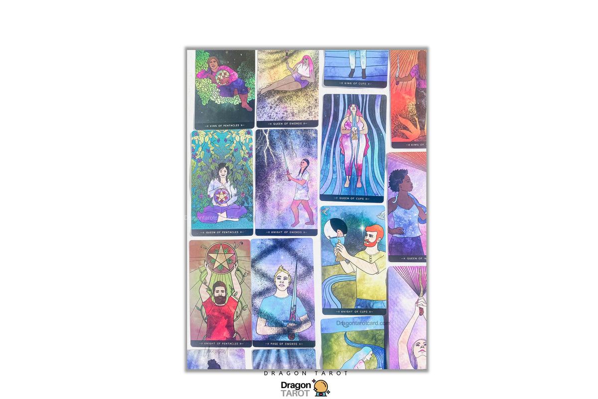 A vertical art print or poster featuring a grid of colorful illustrated tarot-style cards with various fantasy and mystical scenes, shown against a plain white background.