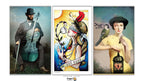 A three-panel art print set featuring stylized tarot-inspired portraits: a man with a cello on the left, a blindfolded woman with a bird on the center panel, and a woman holding a birdcage with a parrot on the right. The panels are displayed side by side against a white background with a Dragon Tarot logo at the bottom.