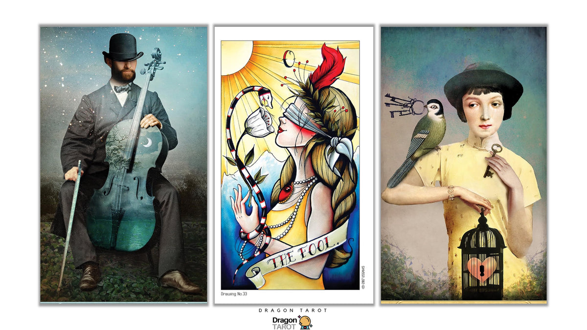 A three-panel art print set featuring stylized tarot-inspired portraits: a man with a cello on the left, a blindfolded woman with a bird on the center panel, and a woman holding a birdcage with a parrot on the right. The panels are displayed side by side against a white background with a Dragon Tarot logo at the bottom.