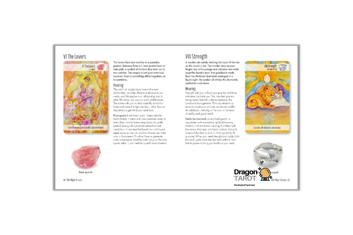 A printed card set booklet or guide page from Dragon Tarot, showing two illustrated tarot cards with text columns, a pink crystal, and a silver crystal on a white background.