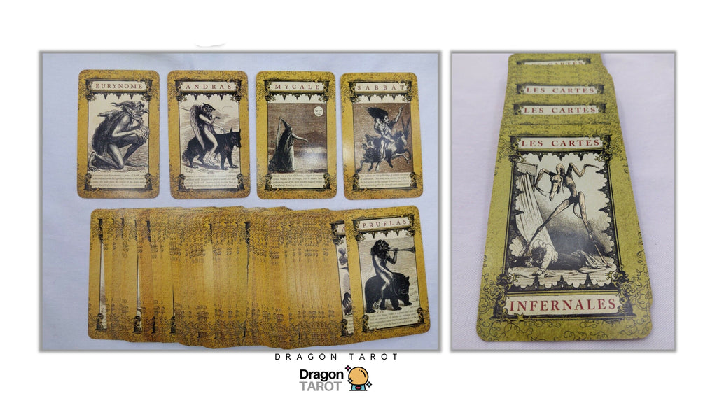 Dragon Tarot deck shown with several illustrated cards laid out, a fanned stack of cards, and the back of the deck featuring the Infernales artwork. The image includes Dragon Tarot branding and a Facebook icon at the top.