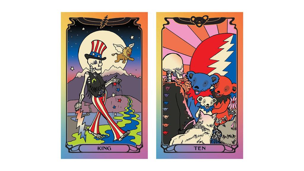 Two illustrated tarot-style cards shown side by side on a plain white background. The left card is labeled KING and depicts a skeleton in an Uncle Sam hat with a moon, eagle, and rainbow landscape.