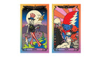 Two illustrated tarot-style cards shown side by side on a plain white background. The left card is labeled KING and depicts a skeleton in an Uncle Sam hat with a moon, eagle, and rainbow landscape.
