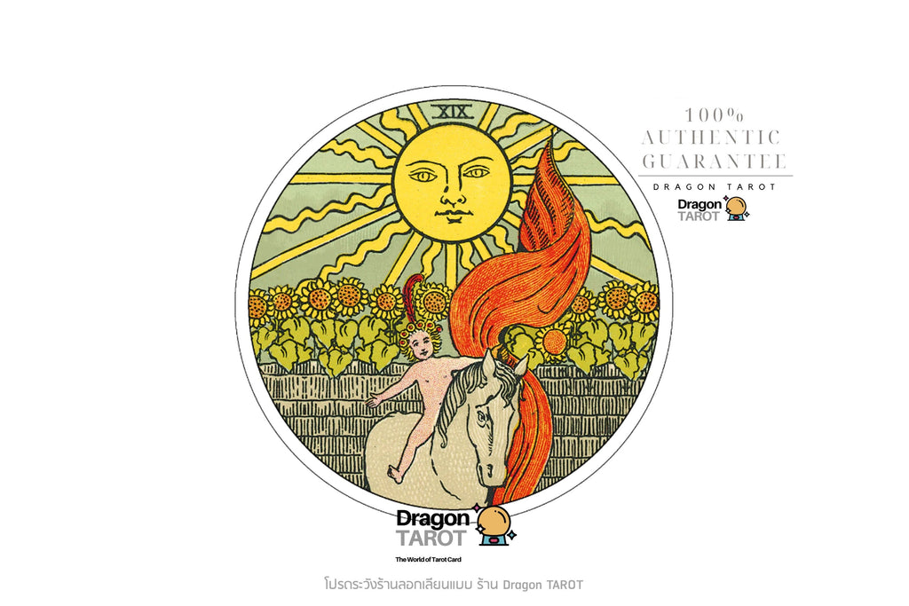 A circular Dragon Tarot card illustration on a white background, featuring a yellow sun face, green field, and a rider with a red-orange flowing cloak. Text around the circle reads 'Dragon TAROT' and '100% AUTHENTIC GUARANTEED' with additional Thai text and small brand logos.