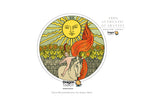 A circular Dragon Tarot card illustration on a white background, featuring a yellow sun face, green field, and a rider with a red-orange flowing cloak. Text around the circle reads 'Dragon TAROT' and '100% AUTHENTIC GUARANTEED' with additional Thai text and small brand logos.