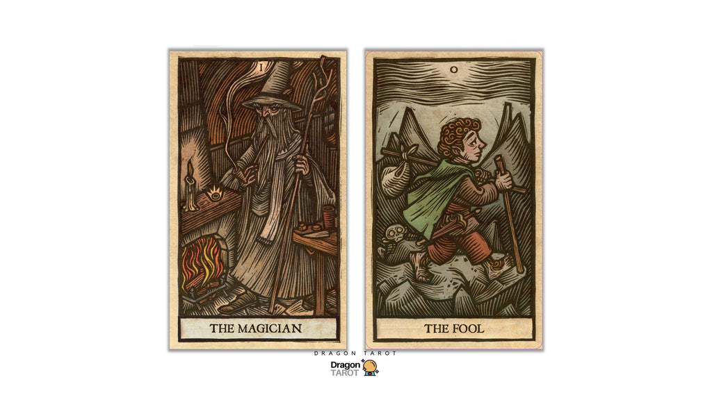 Two illustrated tarot cards shown side by side on a white background: The Magician on the left and The Fool on the right. The cards feature vintage woodcut-style artwork in muted brown, beige, green, and red tones.