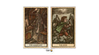 Two illustrated tarot cards shown side by side on a white background: The Magician on the left and The Fool on the right. The cards feature vintage woodcut-style artwork in muted brown, beige, green, and red tones.