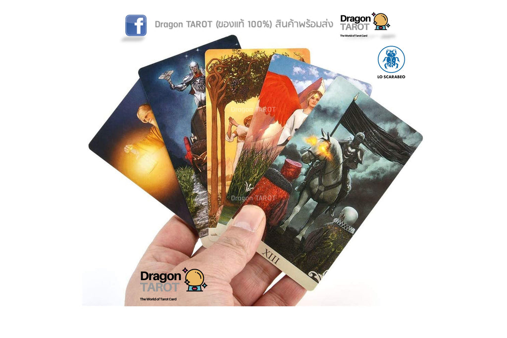 A hand holding four Dragon Tarot cards fanned out against a white background, with Dragon Tarot branding and a Facebook icon visible at the top.