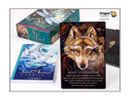 A boxed tarot deck set shown on a white background, featuring a wolf card in front, a blue water-themed card beside it, and the green box behind. The top right corner includes a Dragon Twist logo.