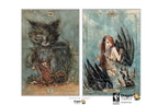 Two illustrated tarot cards shown side by side on a white background: the left card is the 'X' card featuring a large black cat, and the right card is the 'Queen' card featuring a winged woman with red hair and dark feathers. Dragon Tarot branding appears at the bottom.