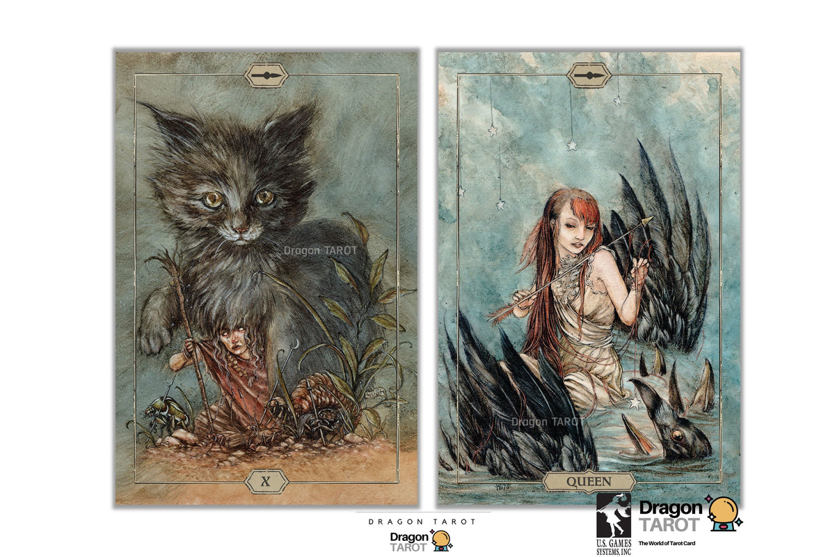 Two illustrated tarot cards shown side by side on a white background: the left card is the 'X' card featuring a large black cat, and the right card is the 'Queen' card featuring a winged woman with red hair and dark feathers. Dragon Tarot branding appears at the bottom.