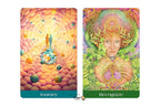 Two illustrated tarot-style cards shown side by side on a white background. The left card is labeled "Journey" and shows a surreal cosmic scene with planets, glowing waves, and small figures.