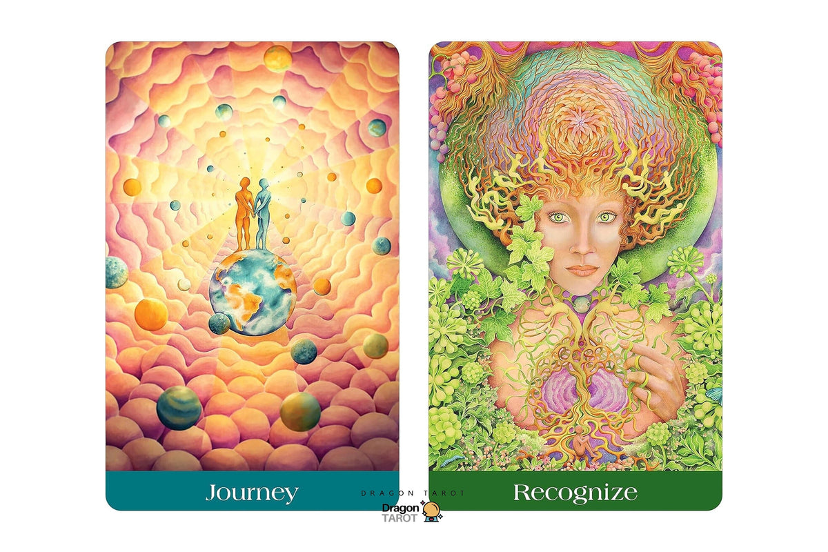 Two illustrated tarot-style cards shown side by side on a white background. The left card is labeled "Journey" and shows a surreal cosmic scene with planets, glowing waves, and small figures.