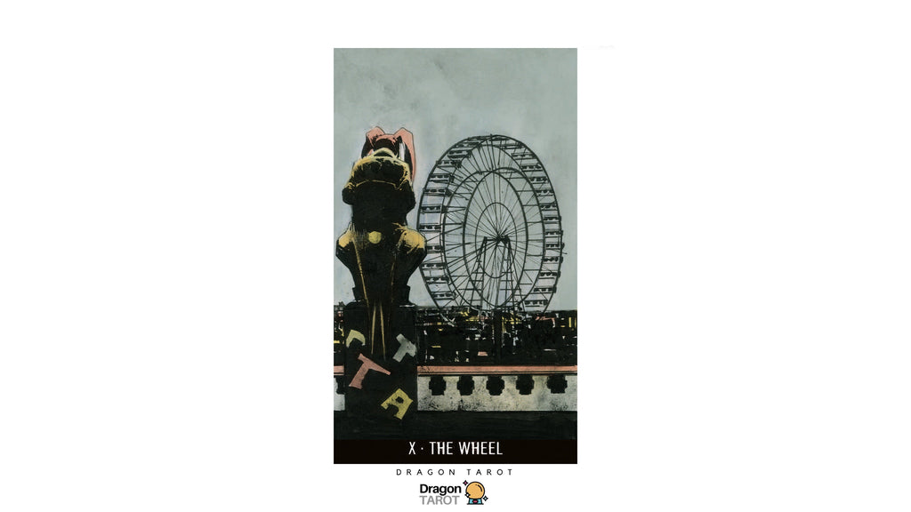 A vertical tarot card titled 'X - THE WHEEL' from the Dragon Tarot deck, featuring a dark dragon figure and a Ferris wheel against a gray sky, centered on a white background with Dragon Tarot branding.