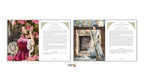 A book or booklet shown open to two interior spread pages with illustrated and text content. The left page features a woman in a pink dress among pink roses, and the right page shows a woman standing by a fireplace in a pale blue gown.