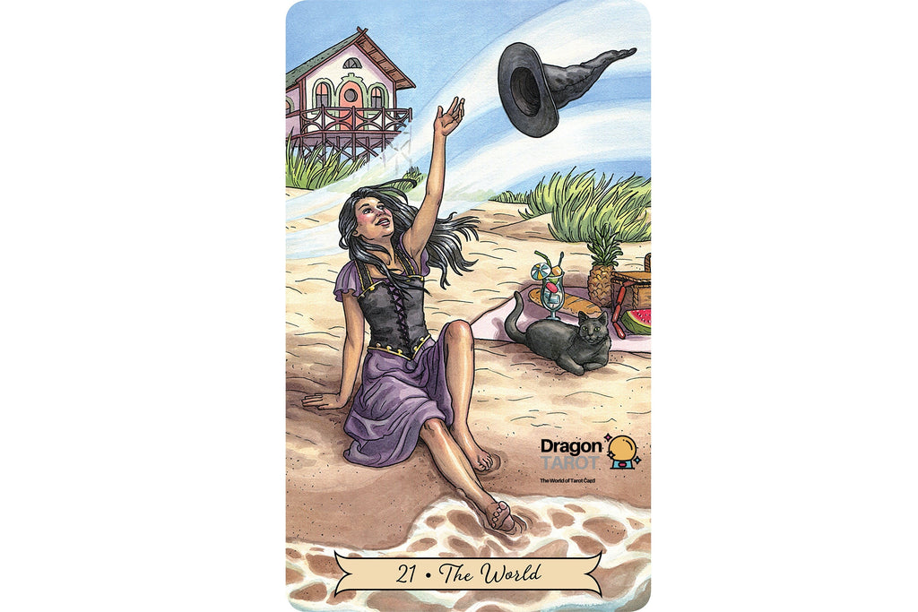 A tarot card titled '21 - The World' from the Dragon Tarot deck, featuring an illustration of a woman sitting on a beach with her arm raised toward a large horn floating in the sky, with a house and sky in the background.