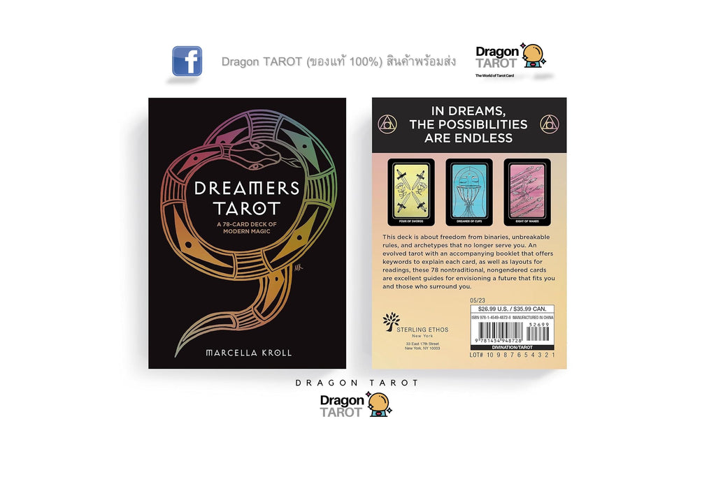 Front and back covers of the Dragon Tarot deck by Marcella Kroll, displayed side-by-side on a white background with social media and brand logos.