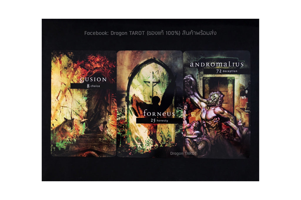 A set of three Dragon Tarot card decks displayed side-by-side on a black background, featuring the card backs for 'Locus', 'Fornex', and 'Andromalus'.