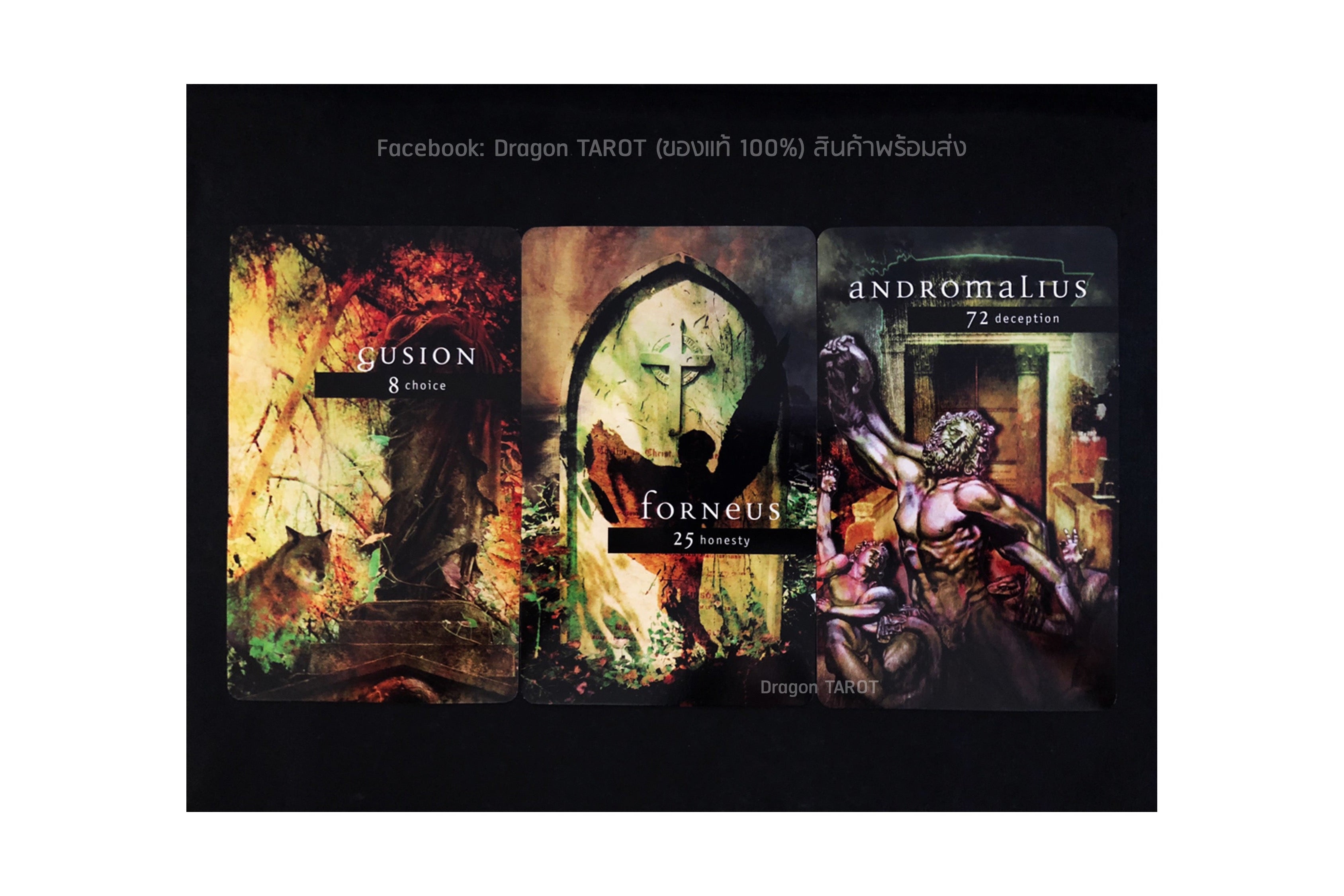 A set of three Dragon Tarot card decks displayed side-by-side on a black background, featuring the card backs for 'Locus', 'Fornex', and 'Andromalus'.