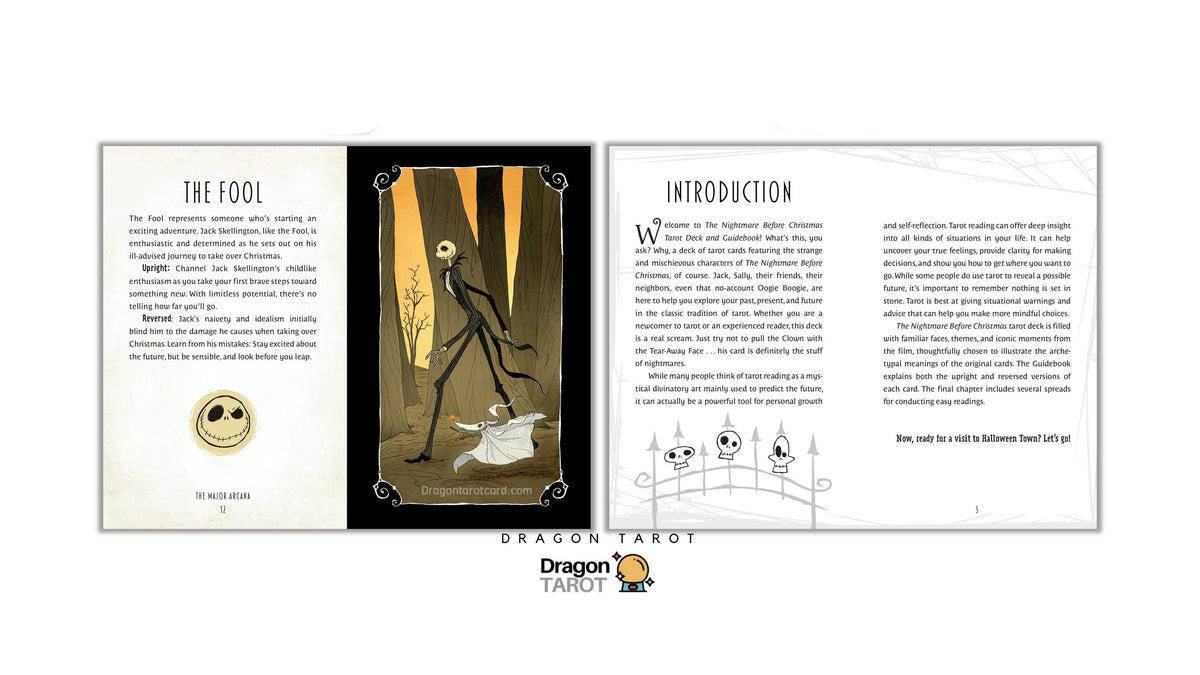 A product presentation of a Dragon Tarot deck, showing three cards laid out side-by-side on a white background with a blue header containing social media icons and Thai text. The left card is 'The Fool', featuring a cream background with black text and a gold circular emblem.
