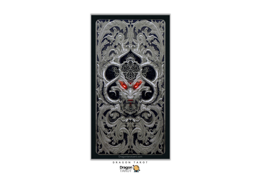 A vertical framed art print featuring a highly detailed, symmetrical silver dragon head with glowing red eyes, set against a black background. The print is presented on a white background with a 'Dragon Fangt' brand logo at the bottom.