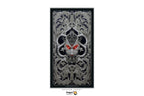 A vertical framed art print featuring a highly detailed, symmetrical silver dragon head with glowing red eyes, set against a black background. The print is presented on a white background with a 'Dragon Fangt' brand logo at the bottom.