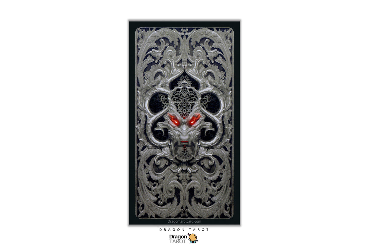 A vertical framed art print featuring a highly detailed, symmetrical silver dragon head with glowing red eyes, set against a black background. The print is presented on a white background with a 'Dragon Fangt' brand logo at the bottom.