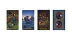 Four illustrated tarot-style cards shown side by side on a white background: a soldier lying on a battlefield, a figure in purple robes standing on a stone structure at dusk, a medieval court scene with figures around a table, and the back of a card featuring two red-and-black eye motifs on a blue ornate border.
