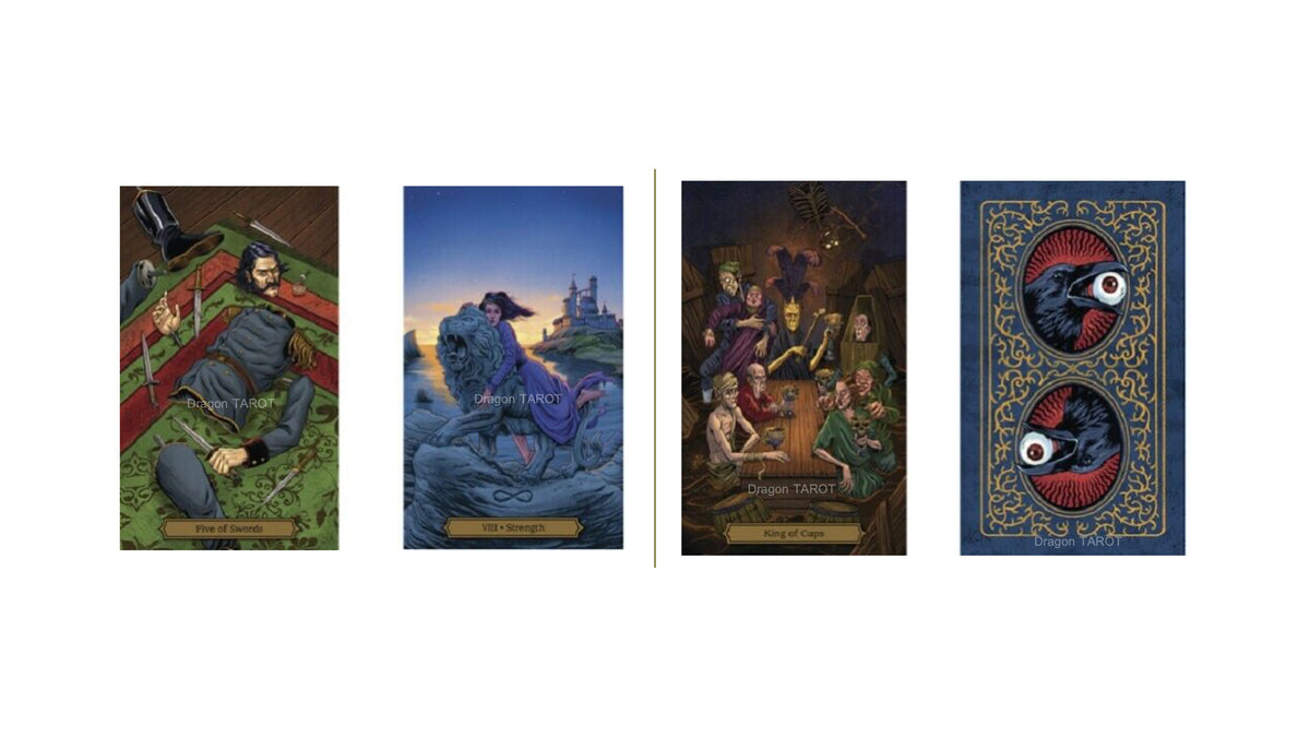 Four illustrated tarot-style cards shown side by side on a white background: a soldier lying on a battlefield, a figure in purple robes standing on a stone structure at dusk, a medieval court scene with figures around a table, and the back of a card featuring two red-and-black eye motifs on a blue ornate border.