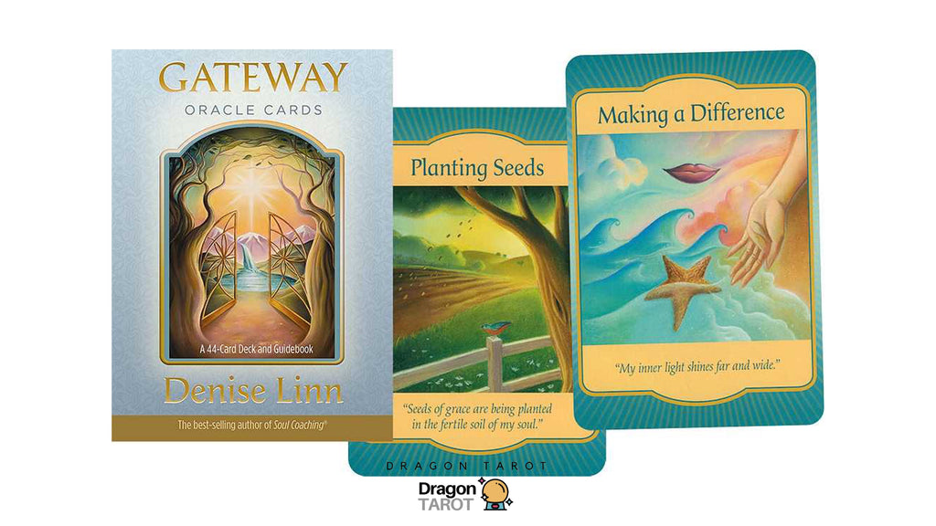 Gateway Oracle Cards deck box and two sample cards by Denise Linn, displayed on a white background with a Dragon Tarot Shop logo at the bottom.