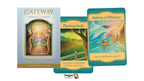 Gateway Oracle Cards deck box and two sample cards by Denise Linn, displayed on a white background with a Dragon Tarot Shop logo at the bottom.