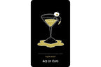 Ace of Cups tarot card featuring a black background with a gold glittery martini glass illustration, an olive garnish, and white text reading 'ACE OF CUPS'.