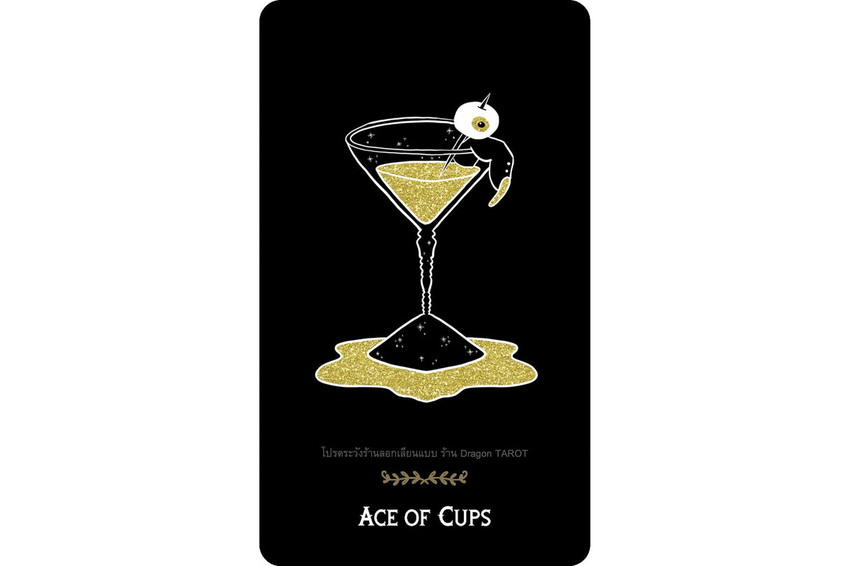 Ace of Cups tarot card featuring a black background with a gold glittery martini glass illustration, an olive garnish, and white text reading 'ACE OF CUPS'.