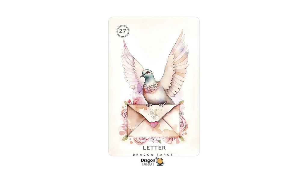 A tarot card featuring a watercolor illustration of a dove with wings spread over an envelope, surrounded by pink flowers. The card is labeled '27 LETTER' and includes the Dragon Tarot logo at the bottom.