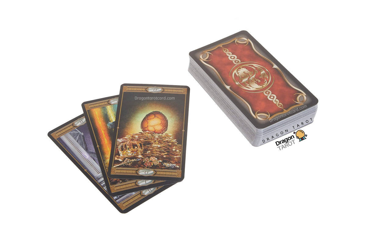 Dragon Tarot deck with a red patterned card back and several fanned cards showing fantasy artwork, displayed on a white background with Dragon Tarot branding.