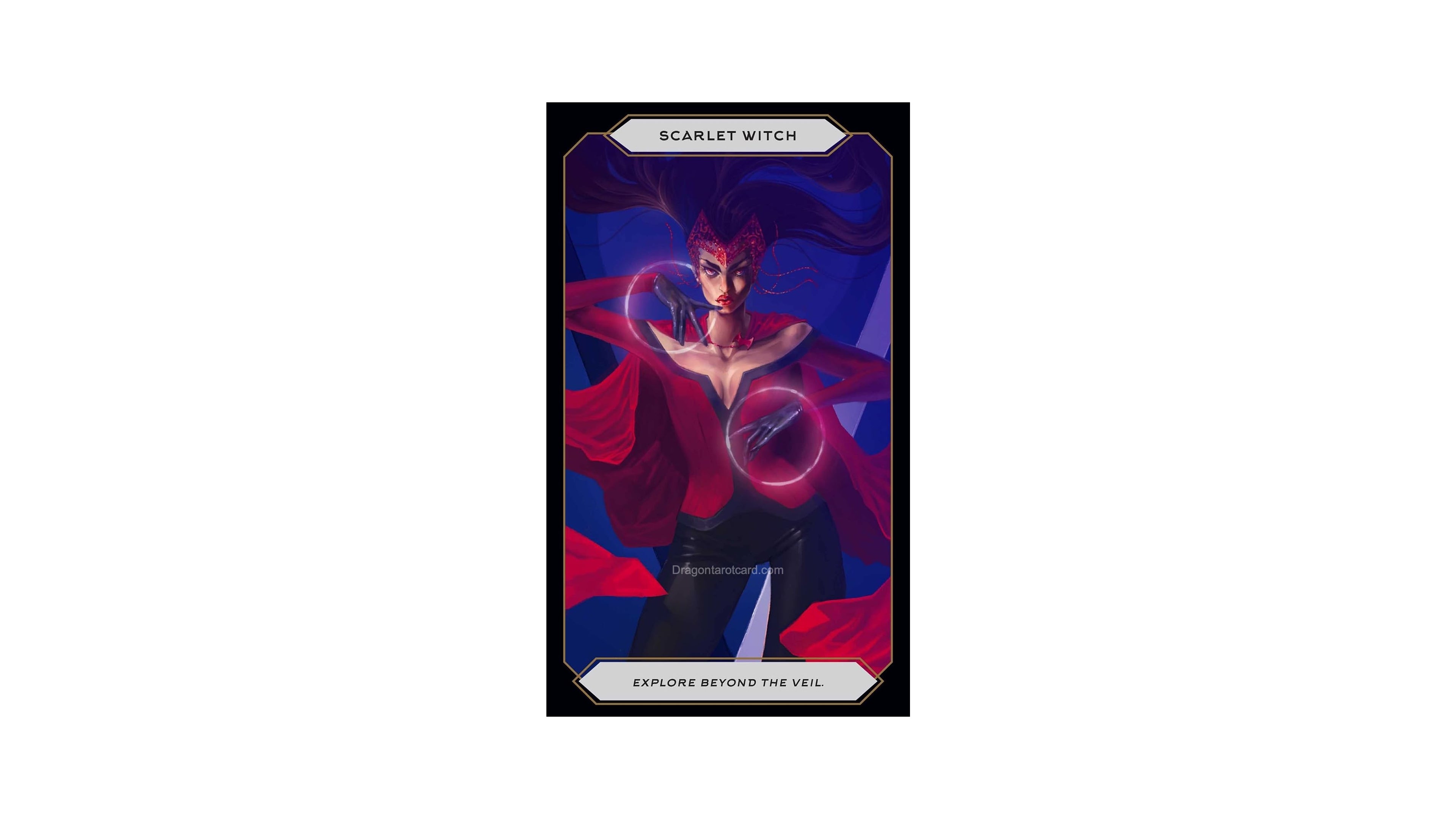 A vertical illustrated card featuring a stylized woman labeled 'Scarlet Witch' with the phrase 'Capture Beyond the Veil' at the bottom. The artwork shows a dark, dramatic scene with red and black clothing against a blue-purple background, centered on a plain white page.