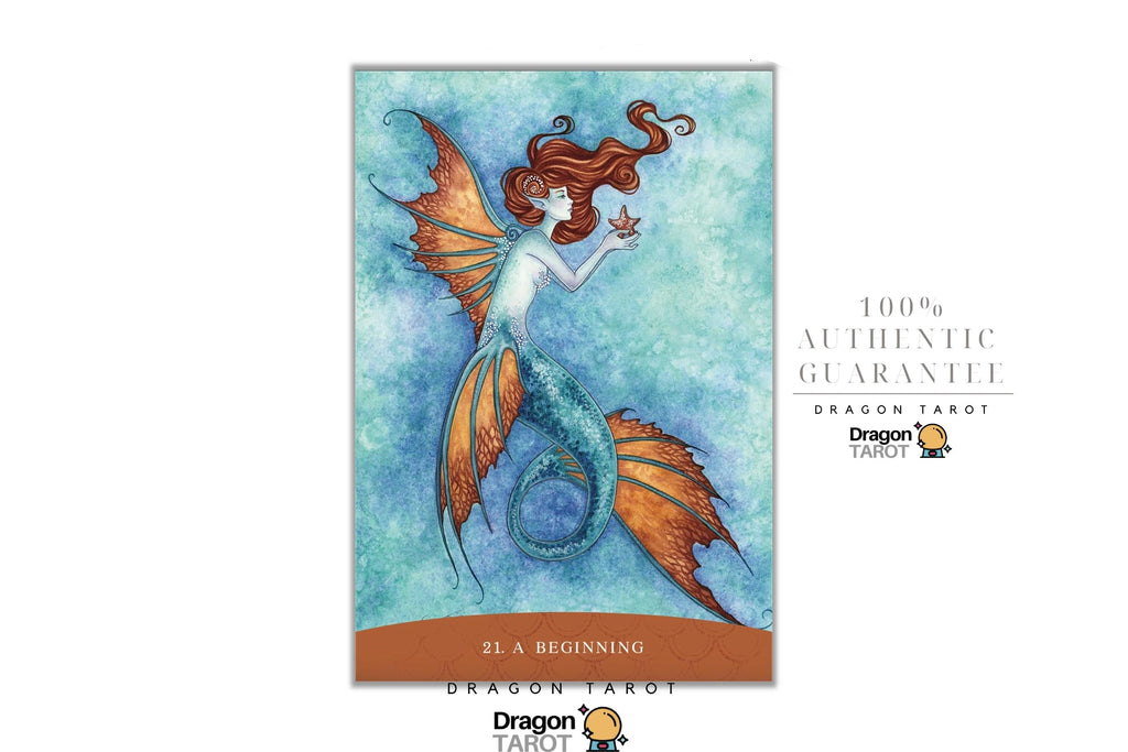 A tarot card titled '21 A BEGINNING' featuring an illustration of a mermaid with orange wings and a blue tail on a textured blue-green background. The card is presented on a white background with promotional text and Dragon Tarot logos.