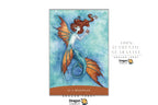 A tarot card titled '21 A BEGINNING' featuring an illustration of a mermaid with orange wings and a blue tail on a textured blue-green background. The card is presented on a white background with promotional text and Dragon Tarot logos.