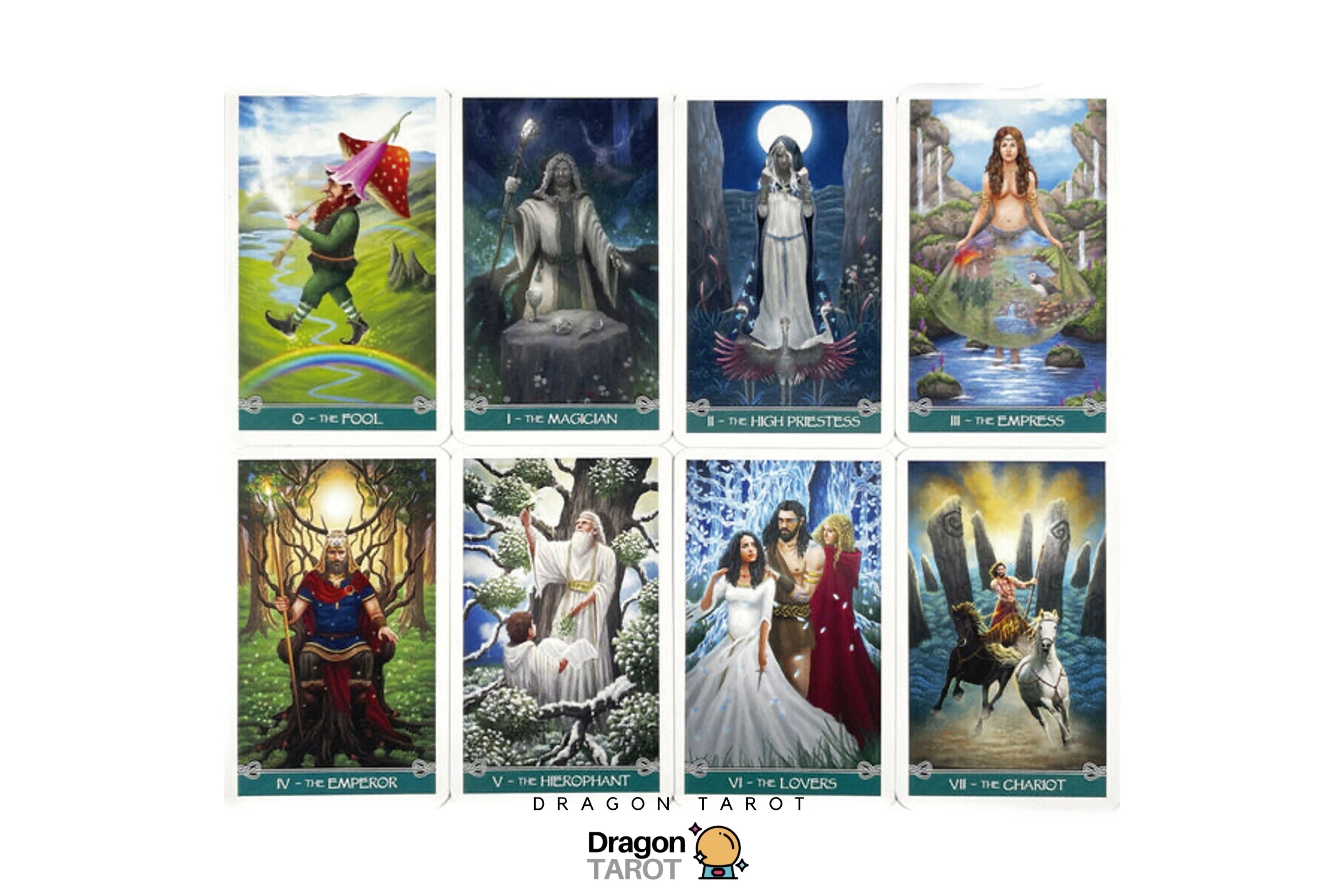A set of eight Dragon Tarot cards arranged in a 2x4 grid on a white background, with the Dragon Tarot logo at the top and bottom. The cards feature colorful fantasy illustrations of various mythological and spiritual figures.
