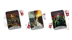 Three illustrated tarot-style cards are arranged on a white background with red handprint and blood-splatter graphics. The left card shows a dark graveyard scene labeled '1.
