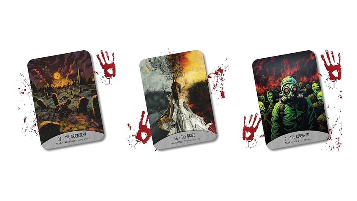 Three illustrated tarot-style cards are arranged on a white background with red handprint and blood-splatter graphics. The left card shows a dark graveyard scene labeled '1.